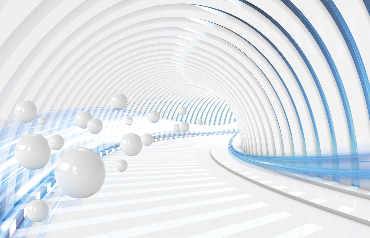 Фотообои на стену - футуризм, 3D, туннель, абстракция, белый интерьер, хай-тек, технологии, модерн, цифровой стиль, геометрия, минимализм, шары, неоновый свет
