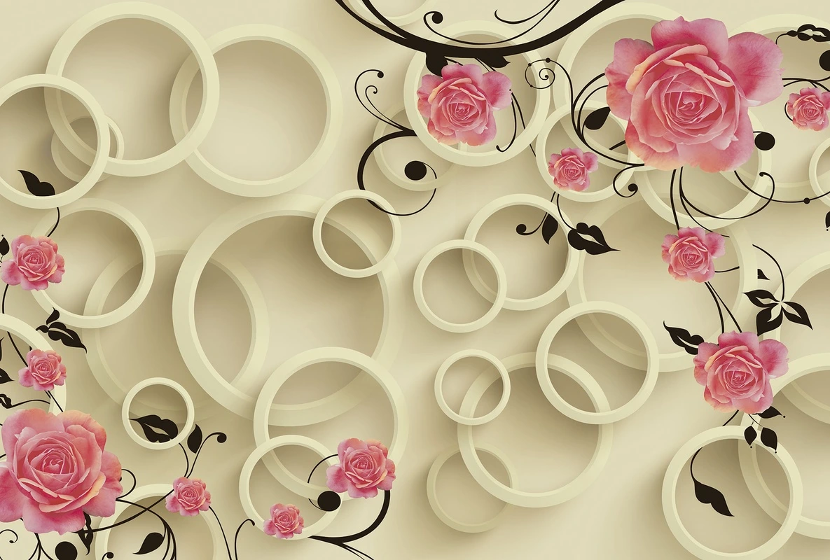 Фотообои на стену - бежевые, розовые, цветы, розы, 3D, абстракция, кольца, декоративные, флора, узоры, объемные элементы, романтика, современный стиль, черные ветви