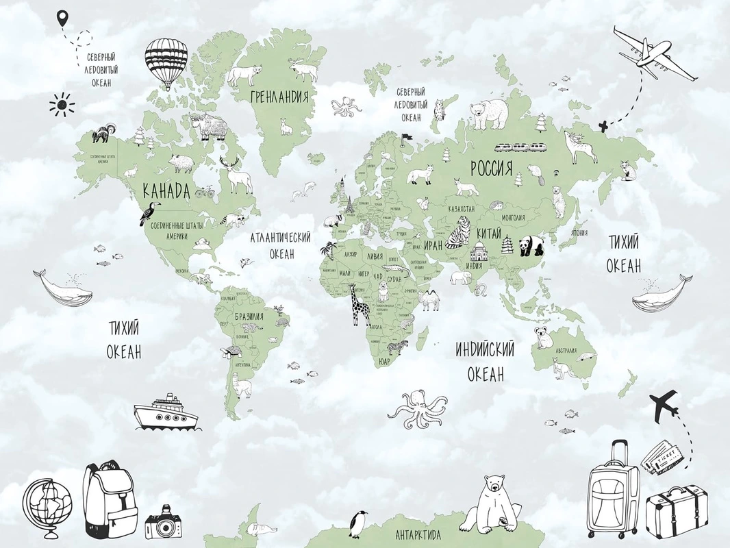 Фотообои и фрески на стену - карта детская, детские карты, в детскую комнату, фотообои карты, на русском языке, в комнату мальчика, зеленые