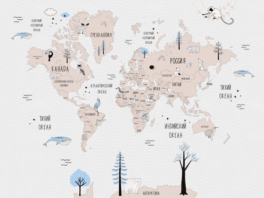 Фотообои на стену - карта детская, карты на русском языке, в детскую комнату, в комнату девочки, розовые, на розовом фоне