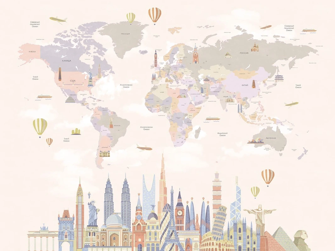 Фотообои на стену - карта детская, на русском языке, в детскую комнату, в комнату девочки, светлая, нюдовые цвета, в пастельных тонах, на розовом фоне