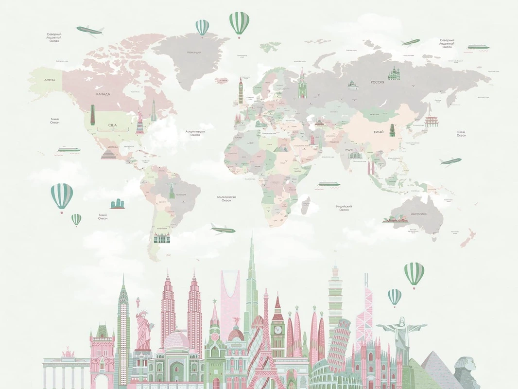 Фотообои на стену - карта для мальчика, детские карты, в светлых тонах, в детскую комнату, на сером фоне, карта с городом