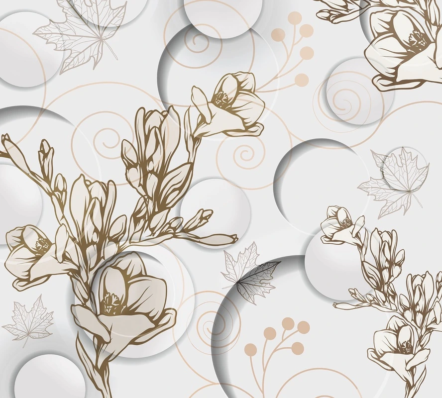 Фотообои на стену - белые, цветы, листья, абстракция, 3D, круги, флора, ветки, минимализм, узоры, графика, ботанический стиль, нежные оттенки, современный дизайн