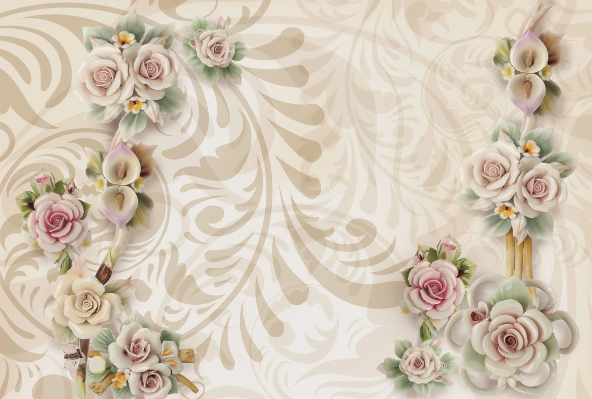 Фотообои на стену - цветы, розы, каллы, флора, узоры, барокко, лепнина, декоративные элементы, объемные цветы, романтика, классический стиль, бежевые, розовые, зелёные