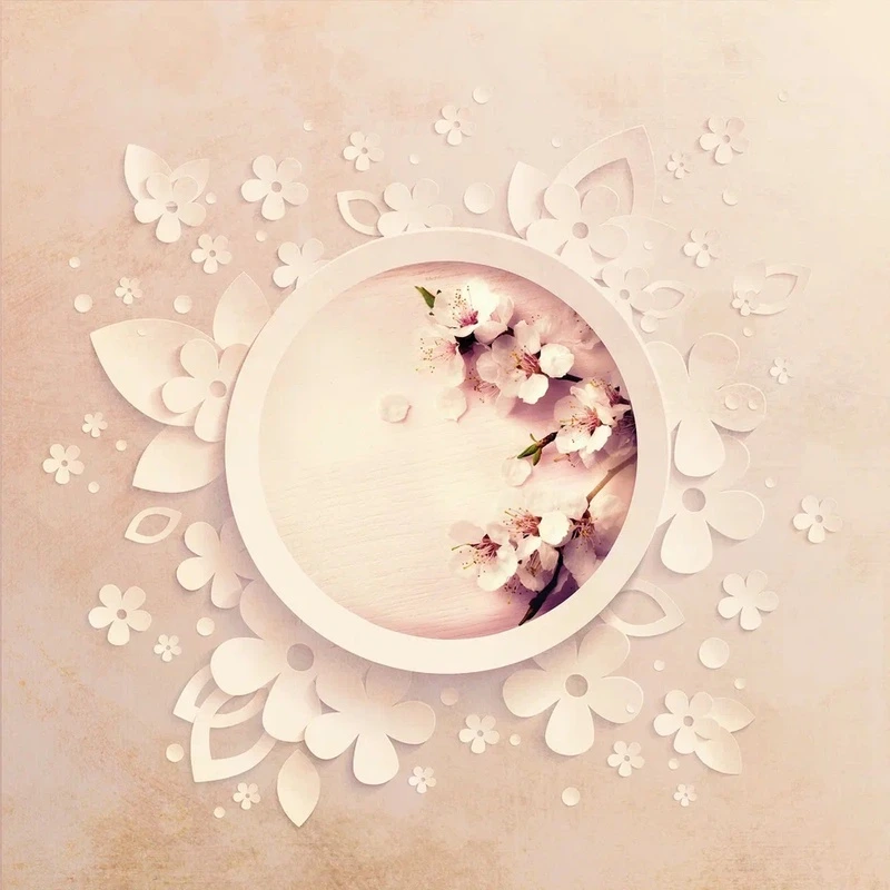 Фотообои на стену - цветы, весна, флора, круг, лепестки, бумажный стиль, декоративные элементы, нежность, романтика, минимализм, пастельный фон, винтаж, бежевые, белые, розовые