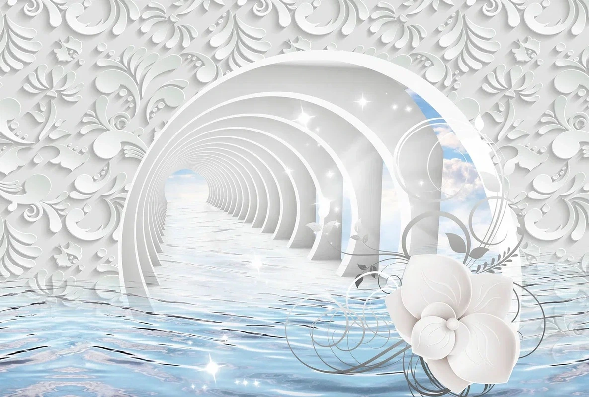 Фотообои на стену - туннель, арки, вода, отражение, небо, облака, цветы, узоры, объемные элементы, декоративные, 3D, перспектива, белые, голубые