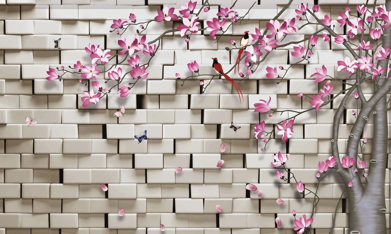 Фотообои на стену - дерево, цветы, птицы, бабочки, лепестки, ветки, весна, природа, флора, кирпичная стена, декоративные элементы, 3D, бежевые, розовые, серые