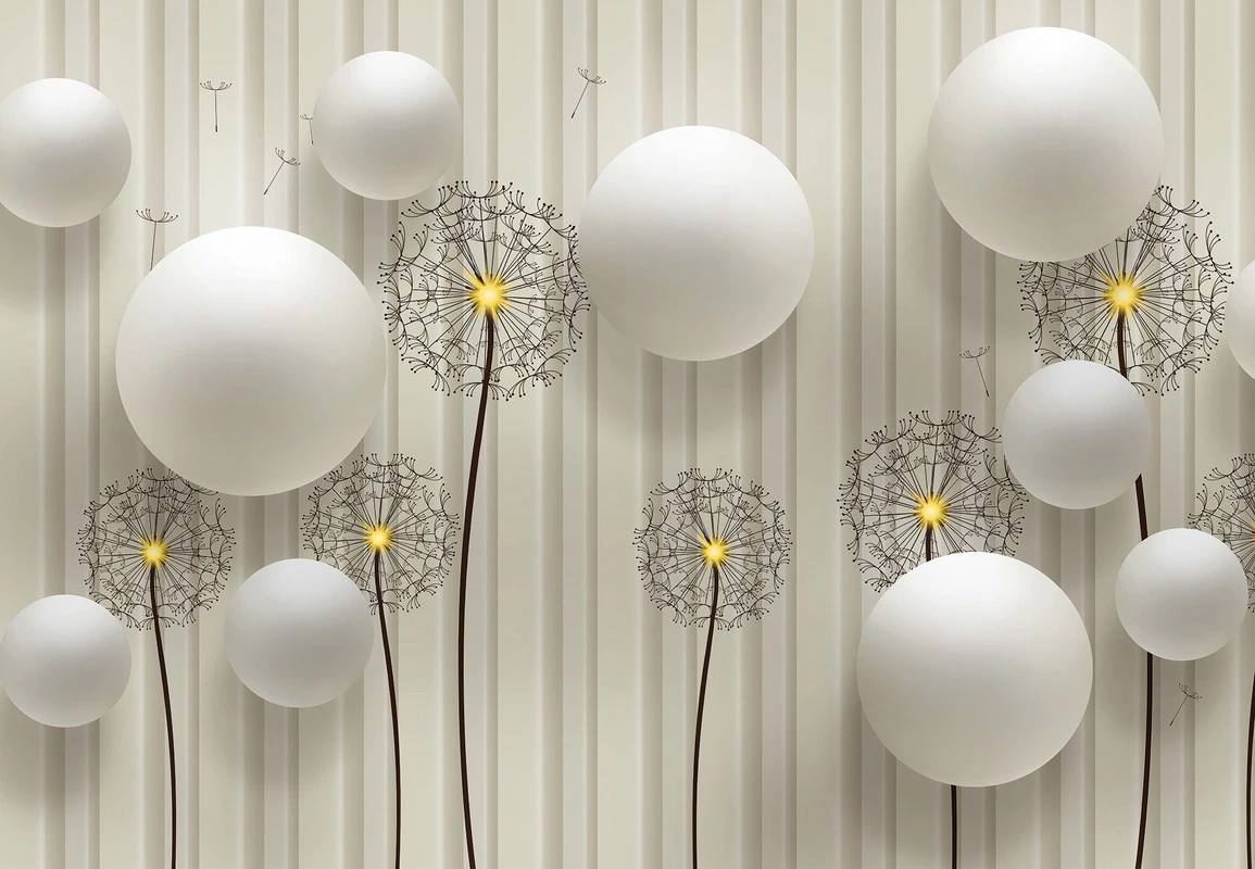 Фотообои на стену - одуванчики, цветы, флора, шары, минимализм, вертикальные полосы, декоративные элементы, 3D, лето, воздух, легкость, абстракция, бежевые, белые, желтые