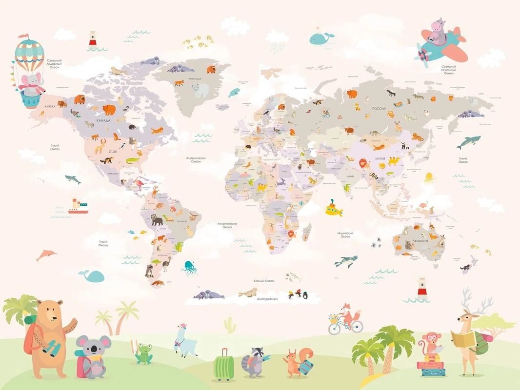 Фотообои на стену - карта, карты, детские, для девочки, карты с животными, на русском языке, в комнату девочке, в детскую комнату, светло розовые, персиковые