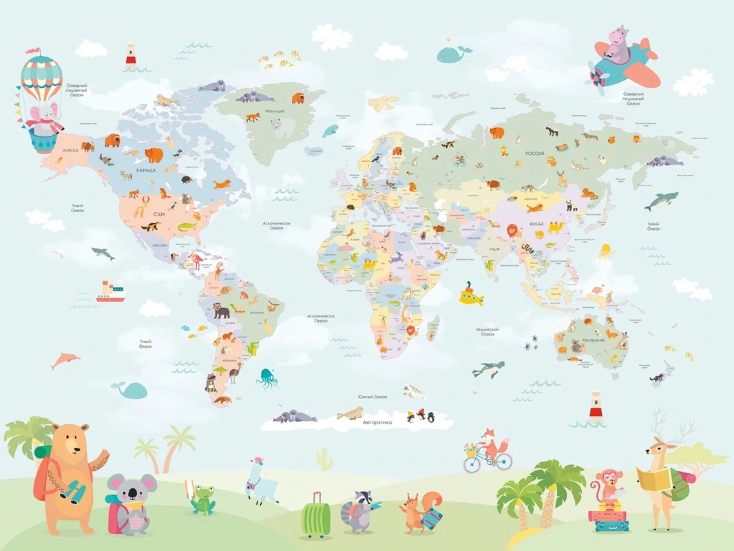 Фотообои на стену - карта, карты, детские, для мальчика, карты с животными, на русском языке, в  комнату мальчика, в детскую комнату, голубые