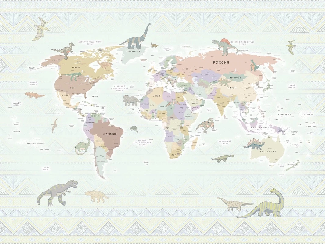 Фотообои на стену - карта, карты с динозаврами, детские, для мальчика, на русском, в комнату мальчика, в детскую комнату, карта зеленая, салатовые