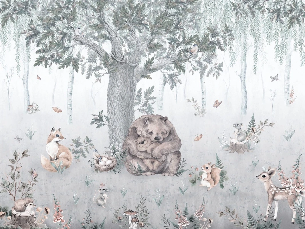 Фотообои на стену - детская, в детскую комнату, для мальчика, для девочки, звери в лесу, мишки, под деревом, голубые