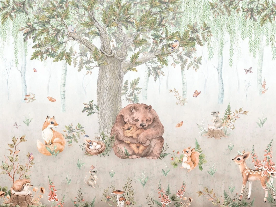 Фотообои на стену - в детскую комнату, для маленькой девочки, для маленького мальчика, зверюшки, звери, животные, в лесу, яркие, зеленые