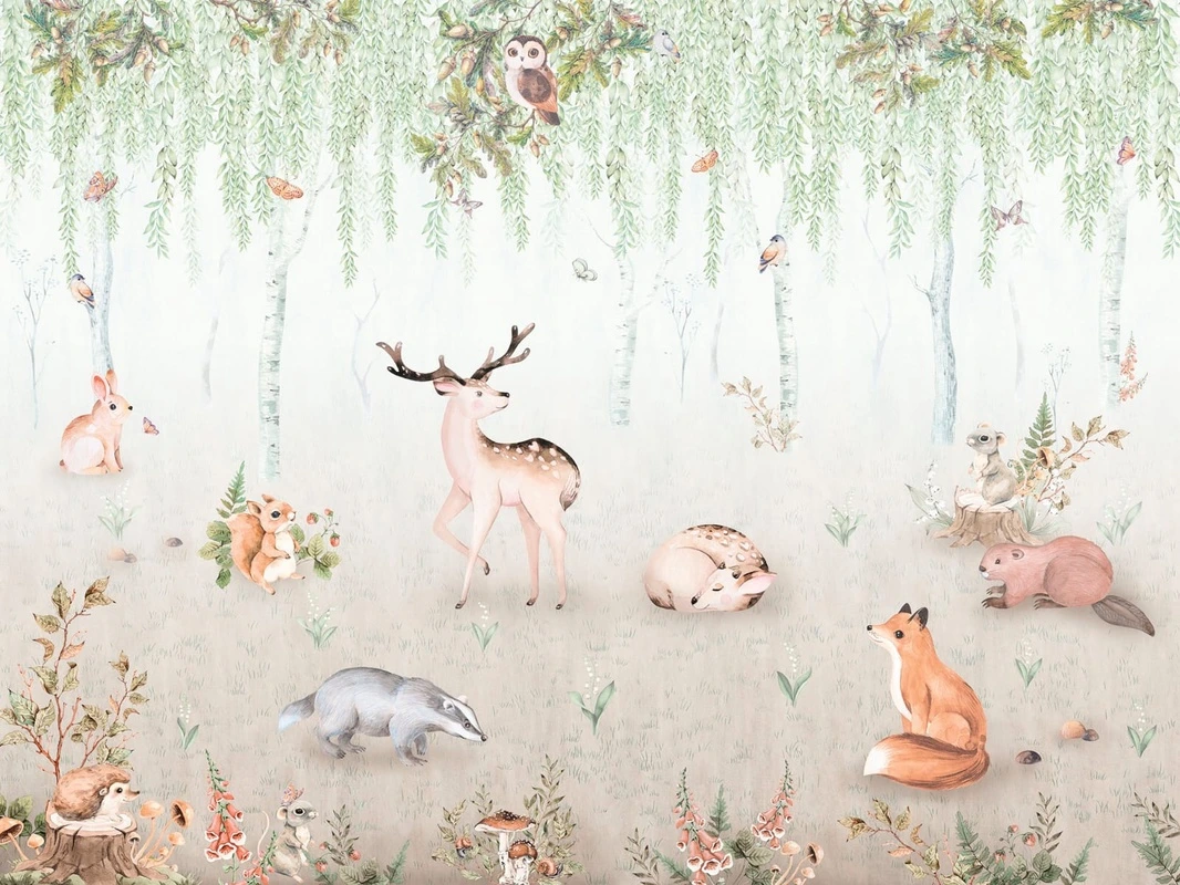 Фотообои на стену - звери, лес, птицы, природа, в детскую комнату, мультик
