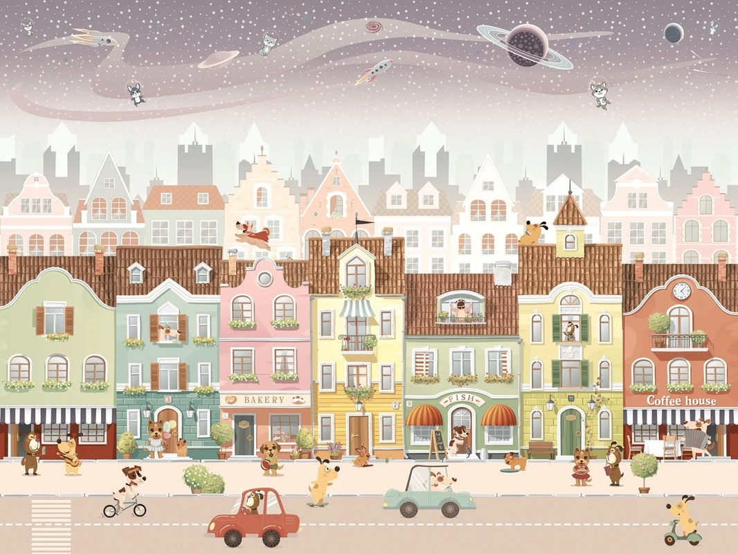 Фотообои на стену - городок, в детскую комнату, персиковые, розовые, в детскую