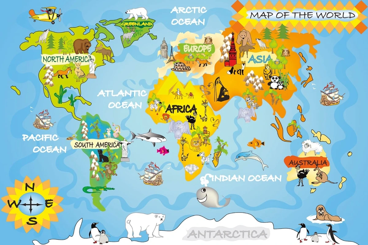 Фотообои на стену - карты, карты мира, детская карта, в детскую комнату, карта на английском языке