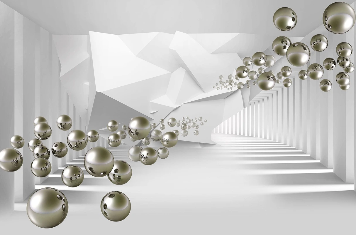 Фотообои на стену - 3D, туннель, перспектива, шары, абстракция, геометрия, футуризм, металл, архитектура, белые, серые, серебристые