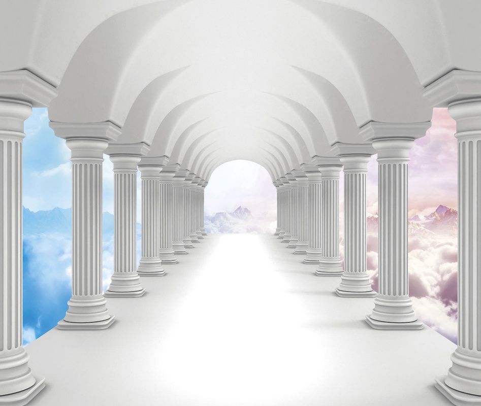 Фотообои и фрески на стену - 3D, арка, колонны, перспектива, архитектура, небо, облака, классика, белые, голубые, розовые