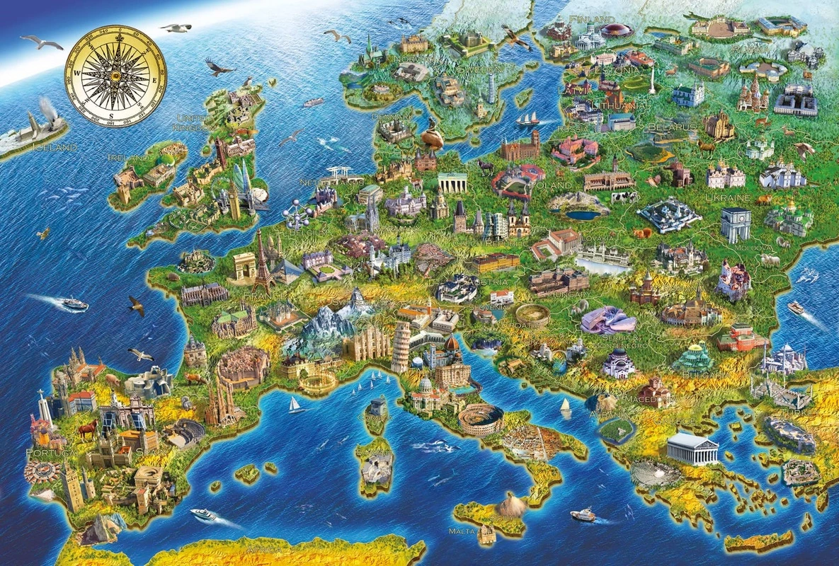 Фотообои на стену - карты, в детскую комнату, карты мира на стену, детская карта, карта с памятниками архитектуры