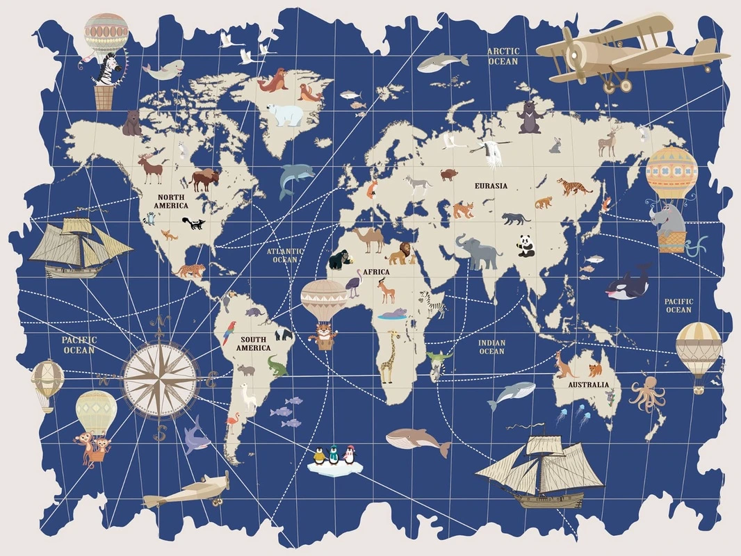 Фотообои на стену - карты, карта мира на стену, синие, в детскую комнату