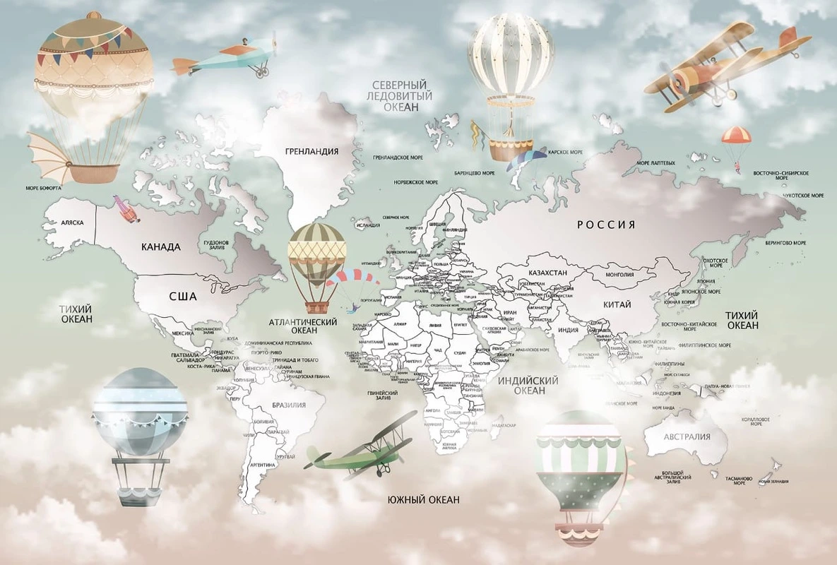 Фотообои на стену - карты, карты мира, детская карта, на стену карты, светлые, голубые, в детскую комнату
