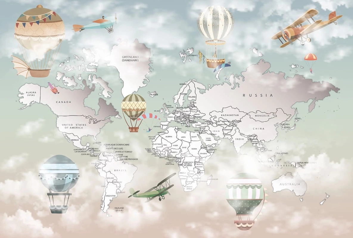 Фотообои на стену - карты, карта мира на стену, в детскую комнату, карта мира на английском языке