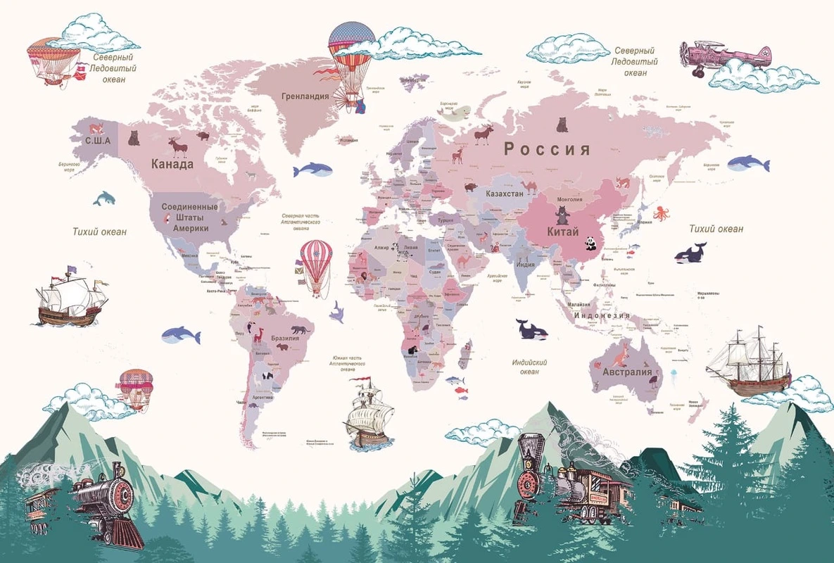 Фотообои на стену - карты, на русском, в детскую комнату, розовые, зеленые горы, на стену карты