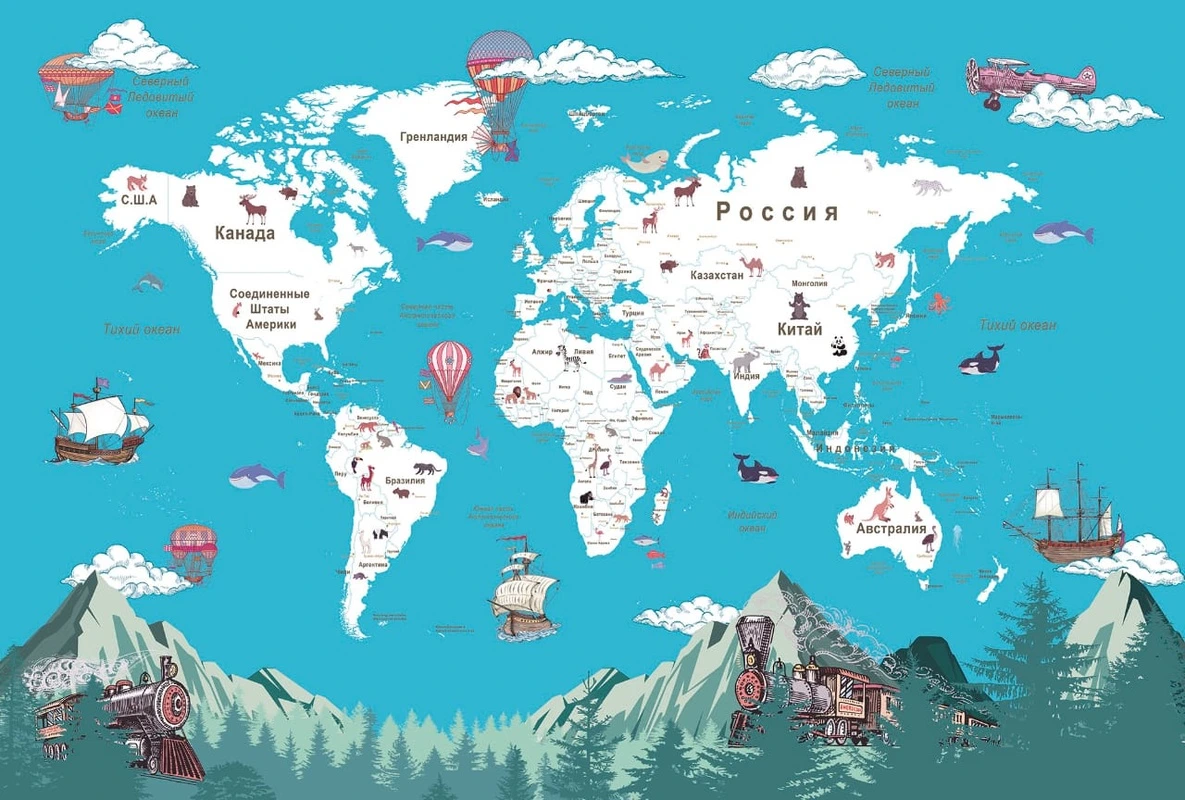 Фотообои на стену - карты, карты мира, детская карта, синие, яркие, в детскую комнату