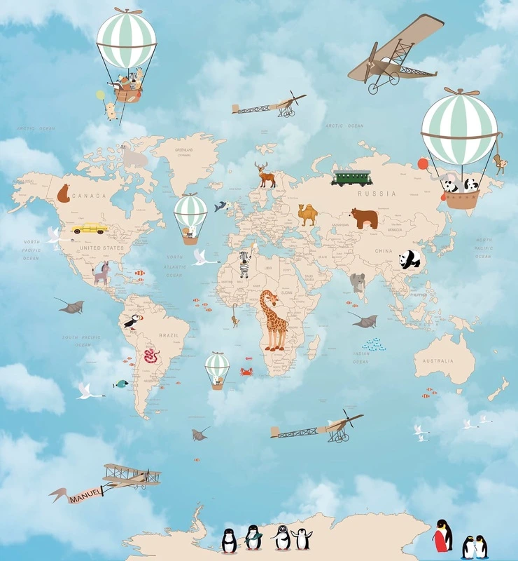 Фотообои на стену - карты, детская карта, квадратные, голубые, с самолетами, карта для мальчика, в детскую комнату