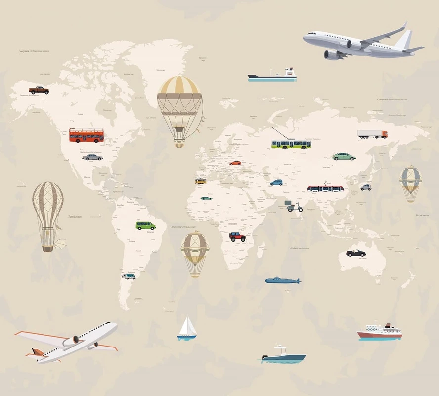 Фотообои на стену - карты, в детскую комнату, на бежевом фоне, самолеты