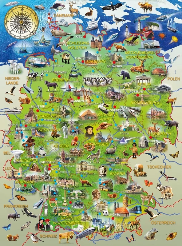 Фотообои на стену - карты, карта германии, с памятниками, в детскую комнату