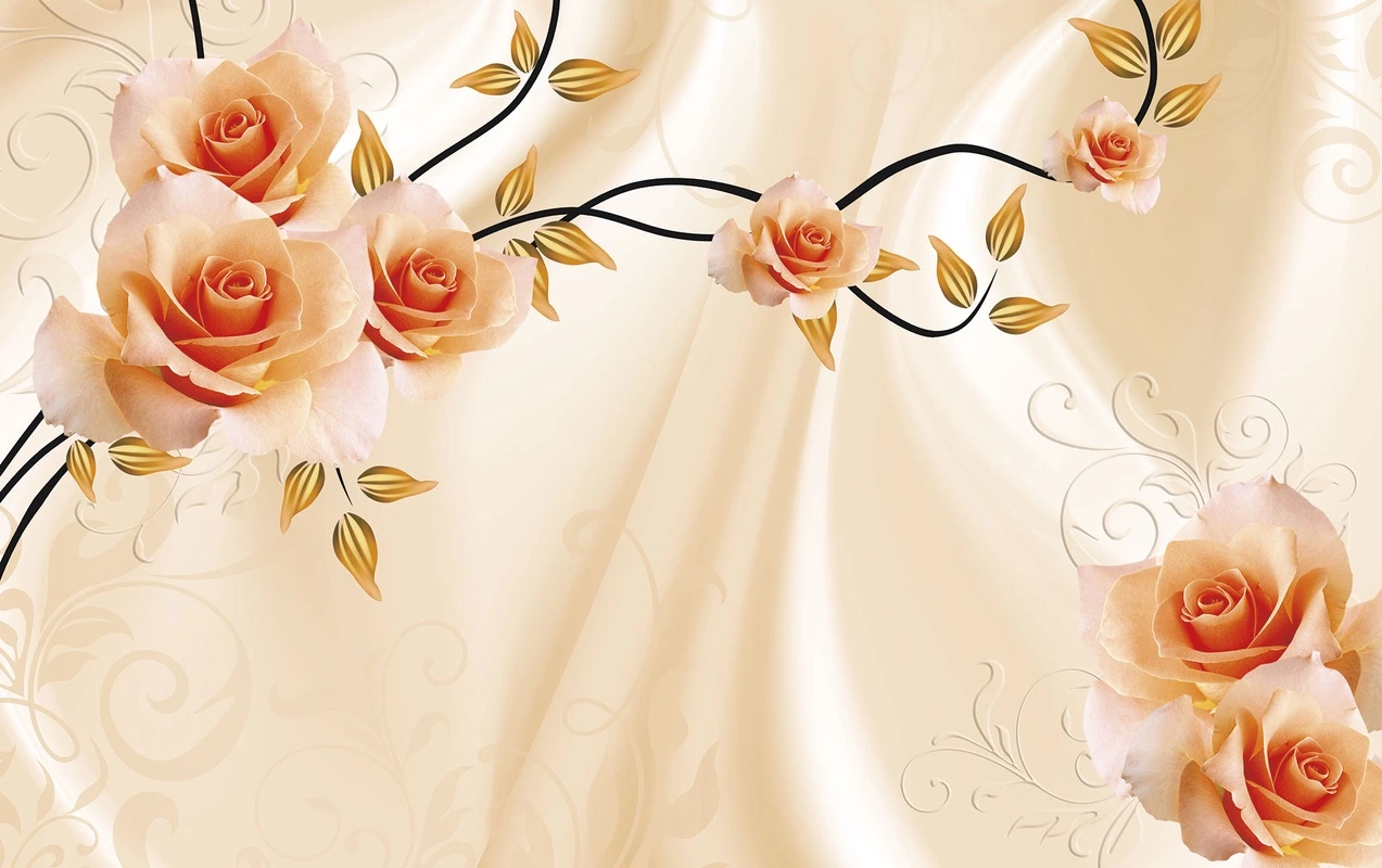 Фотообои на стену - цветы, розы, персиковые, узоры, фон, вензеля, шелк, бежевые, элегантные, декоративные, нежные, флористика