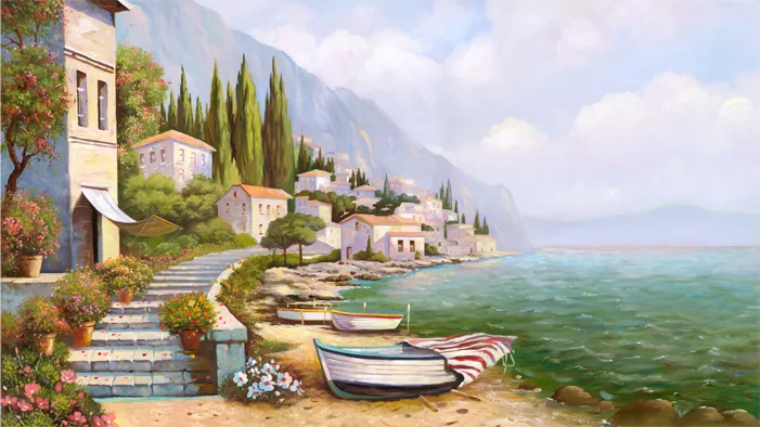 Фотообои и фрески на стену - пейзаж, морские, берег моря, дома, лодки