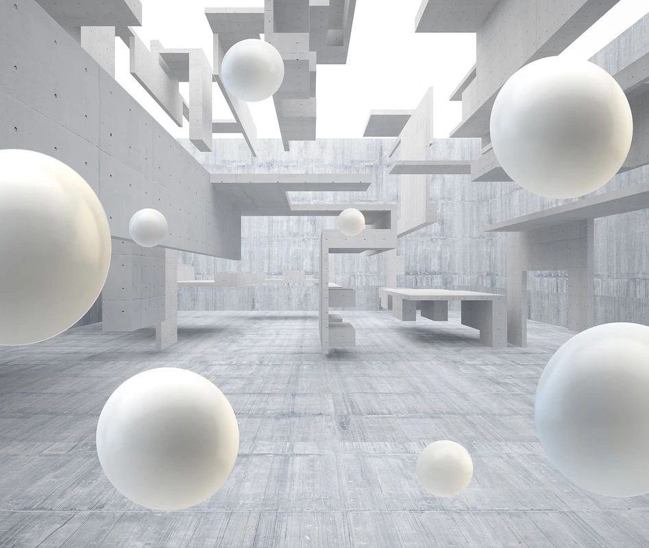 Фотообои и фрески на стену - абстракция, 3d, шары, белые, бетон, минимализм, архитектура, футуризм, объемные, светлые, современный стиль, геометрия