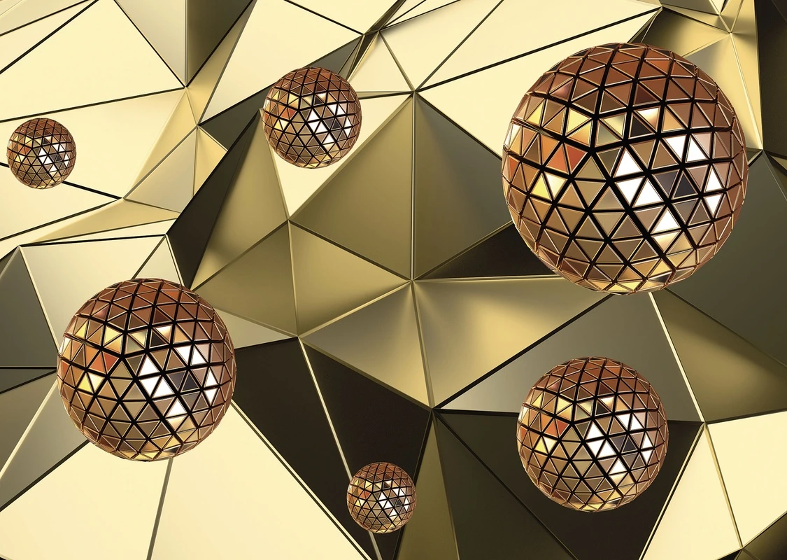 Фотообои на стену - абстракция, 3d, шары, золотые, геометрия, треугольники, объемные, блестящие, футуризм, современные, роскошь, металл