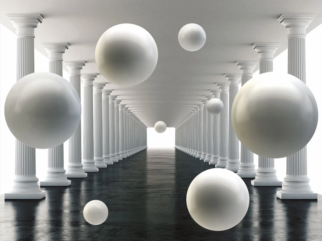 Фотообои на стену - абстракция, 3d, шары, колонны, архитектура, перспектива, классика, белые, симметрия, объемные, геометрия, минимализм
