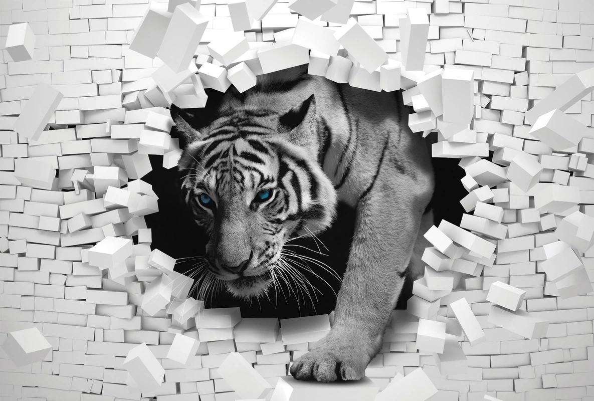 Фотообои на стену - тигр, белые, 3d, стена, прорыв, абстракция, агрессия, животные, глаза, объемные