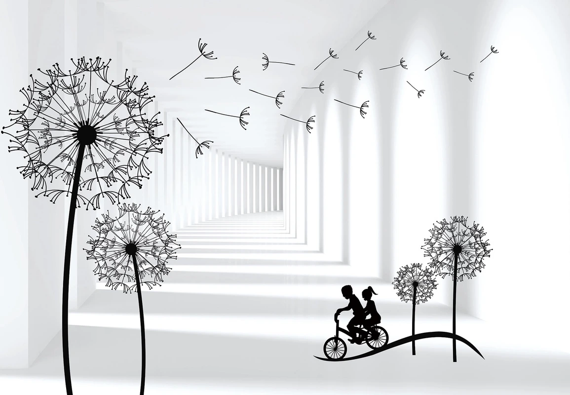Фотообои на стену - коридор, дети, велосипед, силуэты, одуванчики, перспектива, белые, чёрные, чёрно-белые