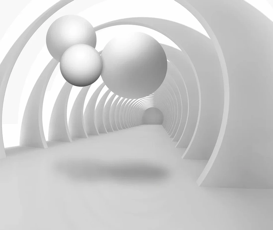 Фотообои на стену - коридор, арки, шары, туннель, перспектива, минимализм, 3d, белые