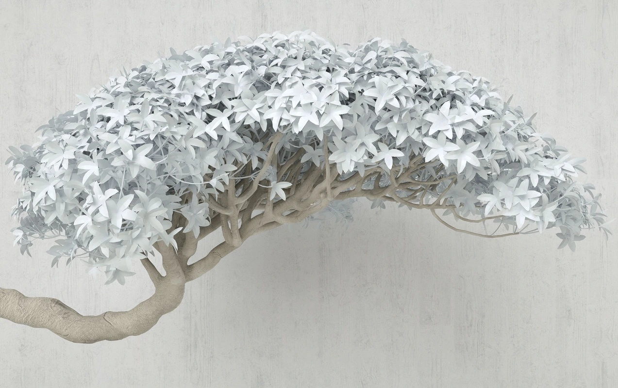 Фотообои на стену - дерево, ветви, листья, 3d, минимализм, светлые, интерьерные, серые, пастельные, японские, бонсай, декоративные