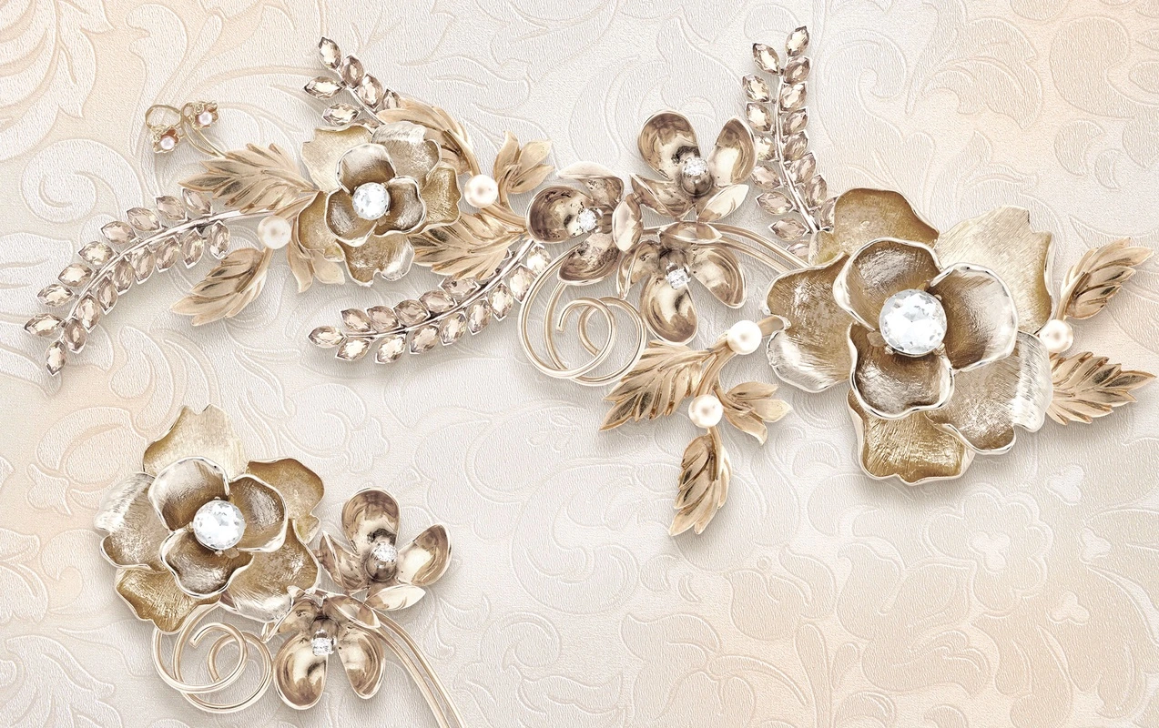Фотообои на стену - цветы, золотые, 3d, узор, блестящие, жемчуг, пастельные, роскошь, фон, декоративные