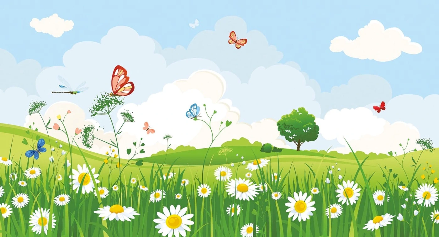Фотообои на стену - поляна, детские, в детскую, в детскую девочке, на стену в детскую, ромашки, бабочки, в детскую комнату