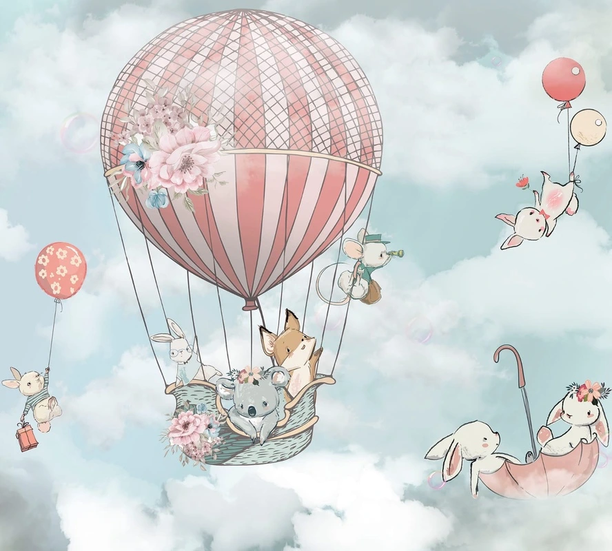 Фотообои на стену - воздушный шар, звери на шаре, голубые, детские, фотообои детские, в детскую комнату