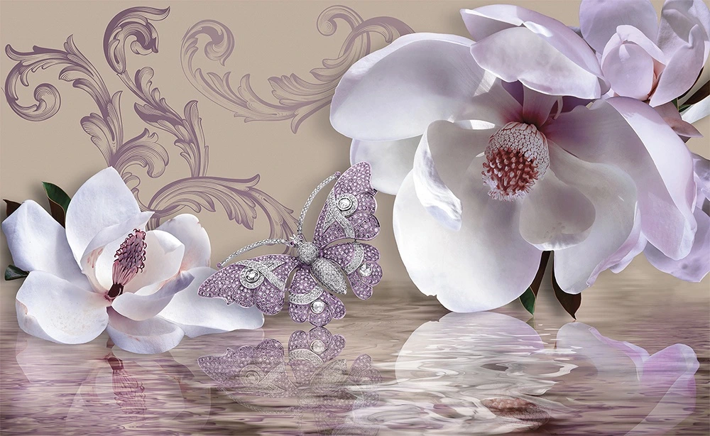 Фотообои на стену - магнолии, цветы, бабочка, отражение, вода, розовые, пастельные, весна