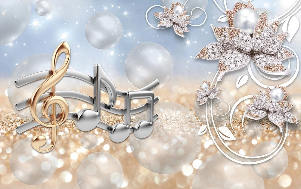 Фотообои на стену - ноты, музыка, скрипичный ключ, жемчуг, цветы, блестки, интерьерные, абстракция, 3d, золотые, серебряные