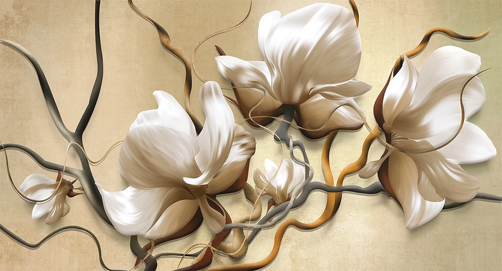 Фотообои на стену - магнолия, цветы, лепестки, завитки, абстракция, декоративные, пастельные, бежевые