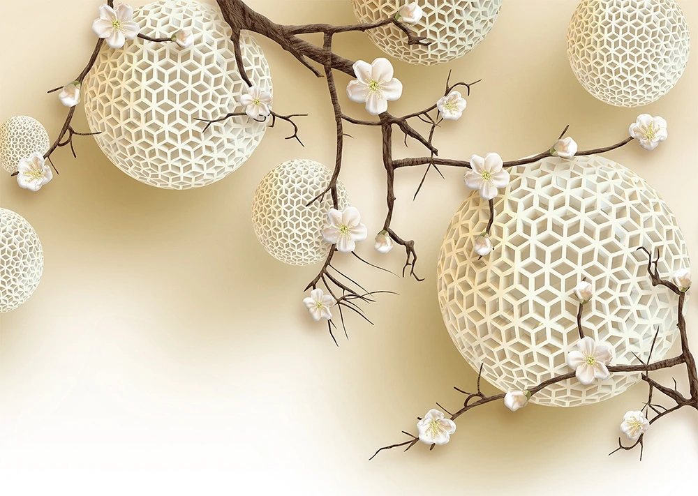 Фотообои на стену - ветки, цветы, геометрия, сферы, 3d, весна, цветочные, пастельные, бежевые