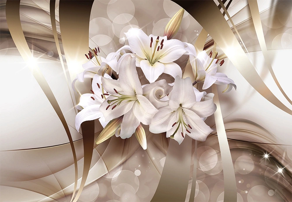 Фотообои на стену - лилии, цветочные, 3d, нежные, глянец, свет, блеск, золотистые, белые