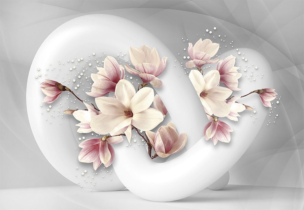Фотообои и фрески на стену - магнолии, цветы, 3d, розовые, серые