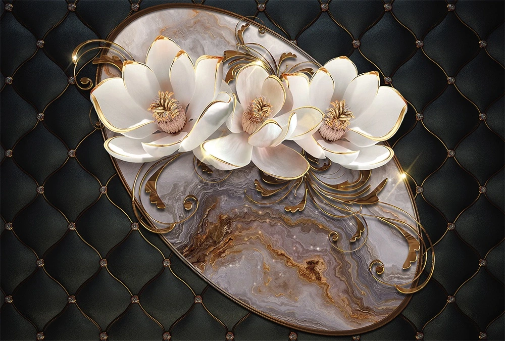 Фотообои на стену - цветы, 3d, лепнина, золотой декор, кожа, мрамор, черные